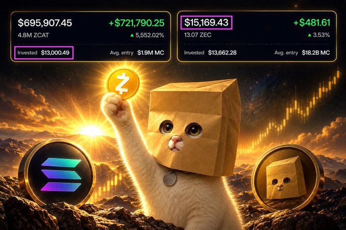 A cat wearing a cardboard box hat holds up a Zcash coin against a dramatic sunset backdrop, celebrating that their 4.8M ZCAT investment ($13,000) has yielded $15,169.43 in ZEC rewards (13.07 EC) — a 5,552% gain — illustrating the post's message that ZCAT rewards have already recouped the full $13k cost basis.