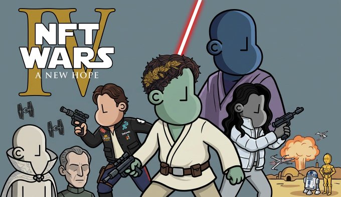 A promotional illustration for 'NFT WARS IV: A NEW HOPE' showing cartoon characters styled like Star Wars with lightsabers and blasters.