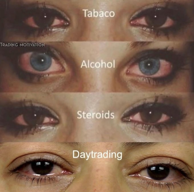 A four-panel meme comparing bloodshot eyes labeled 'Tabaco', 'Alcohol', and 'Steroids' to healthy eyes labeled 'Daytrading', with a watermark 'TRADING MOTIVATION'.