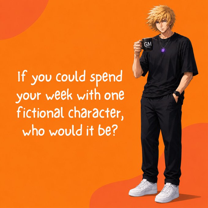 The image features a cartoon boy holding a coffee cup while standing against an orange background. The caption of the image reads "If you could spend your week with one fictional character, who would it be?" This suggests that the creator of this image is interested in exploring the idea of spending time with fictional characters and wants to provoke thought or discussion about the topic.