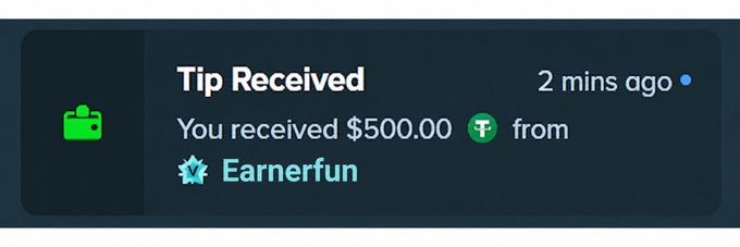 A notification showing a $500.00 tip received from "Earnerfun" 2 minutes ago, presented as evidence of a prize from a daily $500 giveaway where users submit their Stake ID or Solana wallet to participate.