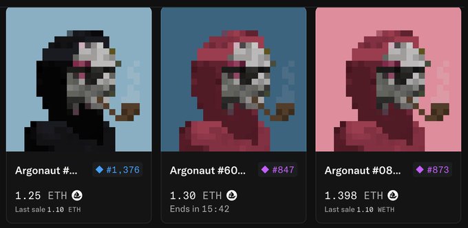 Three pixel-art NFT character listings titled 'Argonaut' with prices of 1.25 ETH, 1.30 ETH, and 1.398 ETH displayed below each.