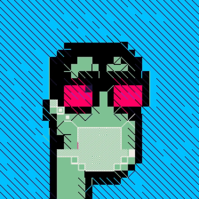 A pixel art style portrait of a figure with green skin and bright pink sunglasses set against a blue background with diagonal line patterns.