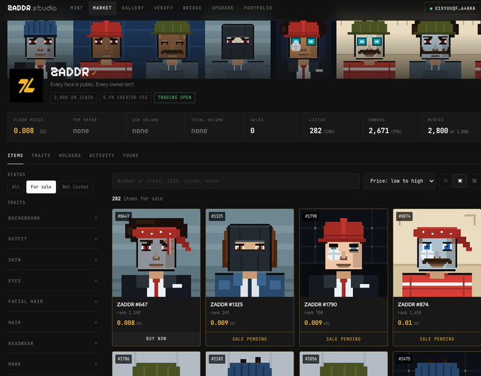 The image displays a screenshot of a ZADDR NFT collection marketplace page, showing pixel-art character NFTs listed for sale in ZEC, with floor price "0.008" and 282 items available. The caption "ZEC NFT ends here" aligns with the displayed NFTs and their ZEC-denominated pricing, marking this as a farewell to the Zcash-based NFT project.