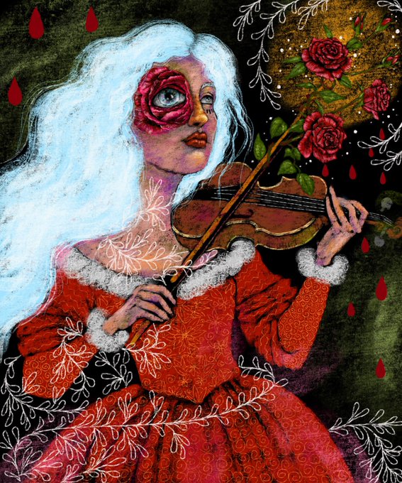A whimsical, gothic-style illustration of a pale woman with flowing white hair wearing a red dress with white trim, playing a violin while a large rose covers her right eye, set against a dark background adorned with red roses and white vine motifs.