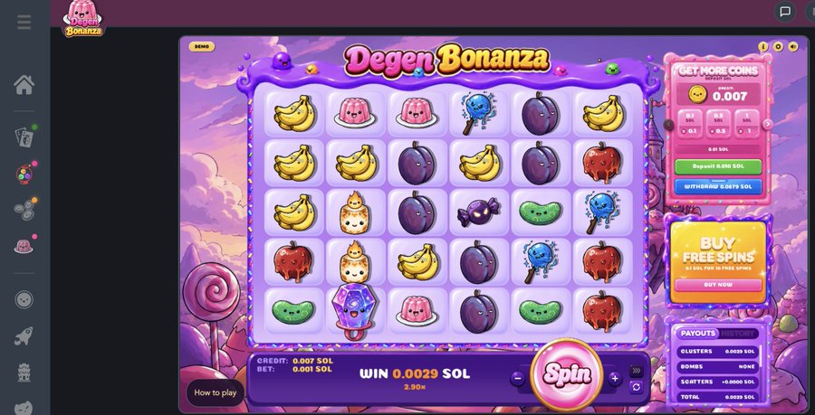 Screenshot of an online slot machine game titled 'Degen Bonanza' featuring candy and fruit symbols, with a current win of '0.0029 SOL', a bet of '0.001 SOL', and a 'BUY FREE SPINS' button visible on the right.