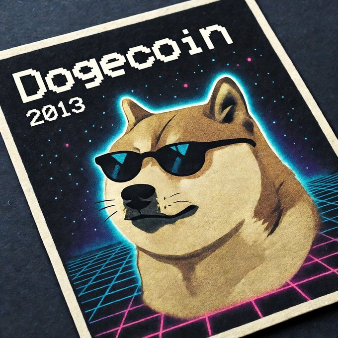 The image features a poster with a cartoon dog wearing sunglasses, giving off a cool vibe. The text "Dogecoin 2013" is written above the dog's head, indicating that this year's Dogecoin was released in 2013.
