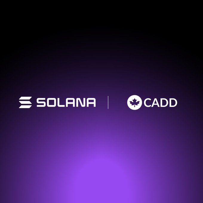 A dark purple gradient background displaying the 'SOLANA' logo next to a circular 'CADD' logo featuring a maple leaf.