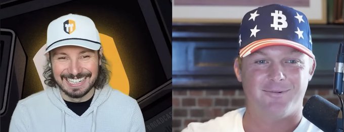 A split image shows two smiling men wearing branded caps—Dollar Billz (orange "B" logo) on the left and Marty Bent (Bitcoin logo cap) on the right—appearing on a podcast episode, with the post humorously contrasting their cheerful demeanor against criticism that other Bitcoin personalities enabled significant BTC losses.