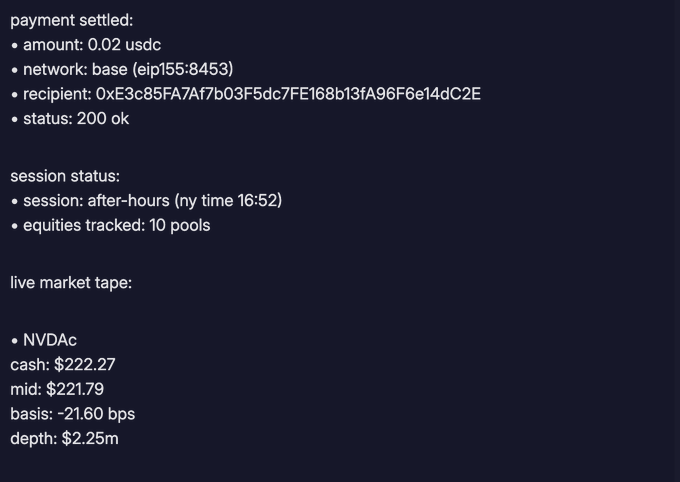 A dark terminal-style interface displaying a settled payment of 0.02 USDC on the Base network, an after-hours session tracking 10 pools, and a live market tape for NVDA showing cash at $222.27, mid at $221.79, basis at -21.60 bps, and depth at $2.25m.
