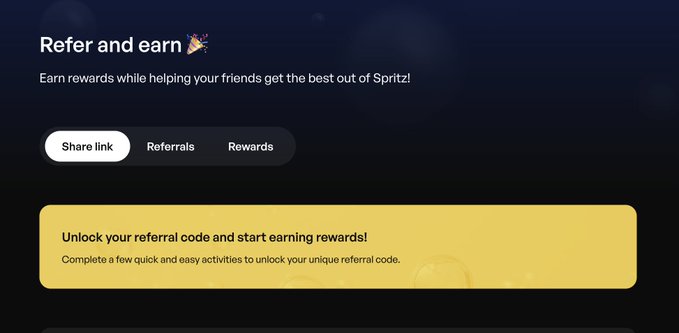 A dark-themed web interface for a 'Refer and earn' program by Spritz, displaying tabs for 'Share link', 'Referrals', and 'Rewards', with a prompt to 'Unlock your referral code and start earning rewards!'.