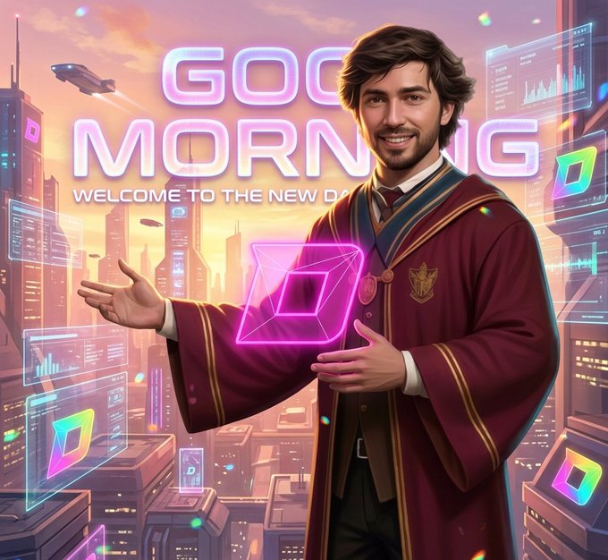 The image features a man dressed as a wizard or a king standing in front of a cityscape with buildings and neon lights. The man has a big smile on his face, indicating that he is happy about something. The background includes a sunset over the city, which adds to the overall atmosphere of the scene. The text "Good Morning" can be seen at the top left corner of the image, while the phrase "Welcome to the new day" is located in the center above the man's head.