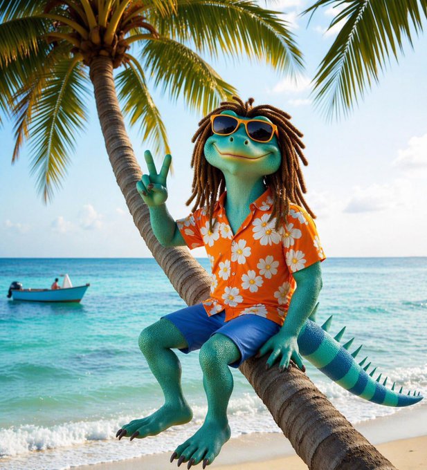 A 3D-rendered anthropomorphic lizard/iguana character with dreadlocks wearing sunglasses, an orange Hawaiian floral shirt, and blue shorts, sitting on a palm tree trunk at a tropical beach while making a peace sign, with a small boat visible in the turquoise ocean behind.