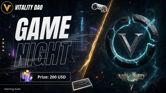 A promotional graphic for 'VITALITY DAO' announcing a 'GAME NIGHT' with a 'Prize: 200 USD' featuring a Velbound logo and various gaming peripherals.