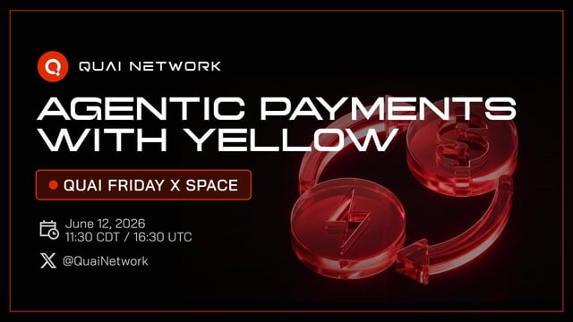 The image features a poster for an event called "Quai Friday - Agentic payments with yellow!". The poster has a black background, which contrasts with the red text that reads "Quai Friday - Agentic payments! Suggested". The poster also includes two red arrows pointing towards the bottom left corner.