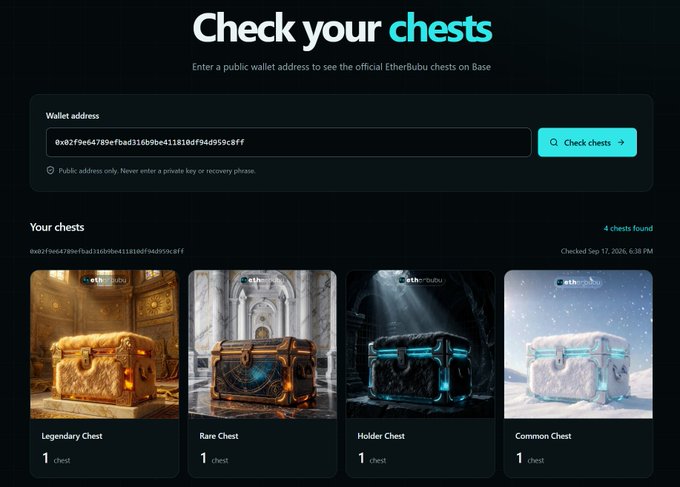 The image displays a "Check your chests" interface from EtherBubu on Base, showing a user with 4 chests found at wallet address 0x82f9e64789efbad316b9be411818df94d959c8ff: one Legendary, one Rare, one Holder, and one Common chest. This visually supports the post's message by showcasing the variety of chest types users can discover and easily locate through this new inventory feature.