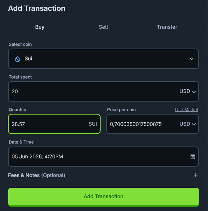 The image shows a screen with a green button that says "Add Transaction" next to a list of options for buying or selling a cryptocurrency called Sui. The text indicates that the user can either buy or sell Sui, depending on their preferences. There is also a note about adding another transaction to the existing one.