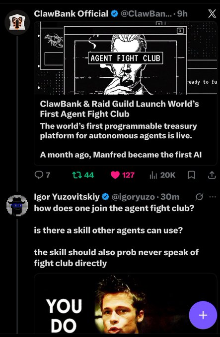 The image shows a Twitter feed with three posts displayed, one of which is about a man named "Igor Yuzovitsky" who has been tagged in a fight club. The other two posts are related to the actor Claw Bank, discussing his involvement in an Agent Fight Club and how he should join the club.