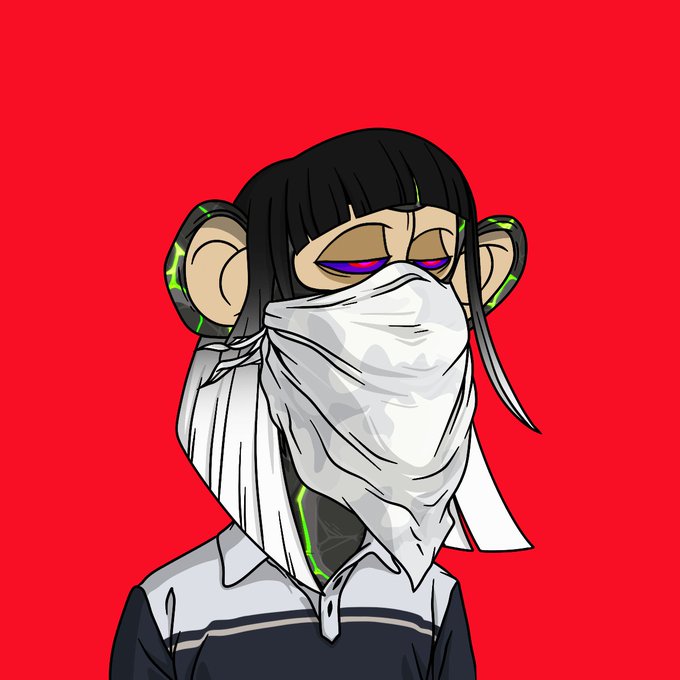 An anime-style illustration of a character with black hair, purple eyes, green headphones, and a white face mask/bandana covering the lower half of their face against a red background.