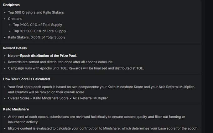 A dark-themed text document outlining reward distribution details, including sections for 'Recipients' (Top 500 Creators and Kaito Stakers), 'Reward Details', 'How Your Score Is Calculated', and 'Kaito Mindshare'.