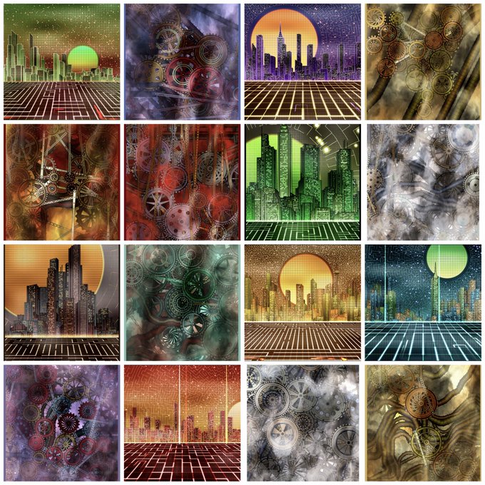 A 4x4 grid of square images displaying a steampunk and retro-futuristic aesthetic, featuring cityscapes with glowing suns, neon grid floors, and intricate interlocking gears in various color palettes.