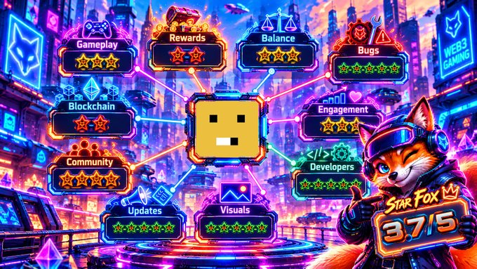 A vibrant, neon-colored graphic rating the Web3 game Star Fox, featuring a fox mascot and a score of 3/5, with categories like Gameplay, Rewards, Balance, Bugs, Blockchain, Engagement, Community, Developers, Updates, and Visuals each given star ratings.