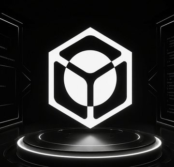 A minimalist black and white image displays the Crypto.com (CRO) cryptocurrency logo as a 3D glowing hexagon sitting on a circular pedestal with technical UI elements flanking the sides.