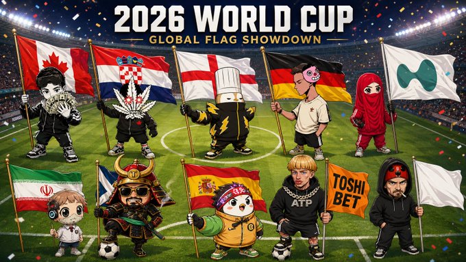 The image features a group of cartoon characters standing together, each holding flags from different countries. The text "2026 World Cup Global Flag Showdown" can be seen at the top of the image. There are also several other smaller images of people with flags in various colors and sizes scattered throughout the scene. The overall atmosphere appears to be playful and lighthearted, as if it's a fun gathering or event related to the world cup.