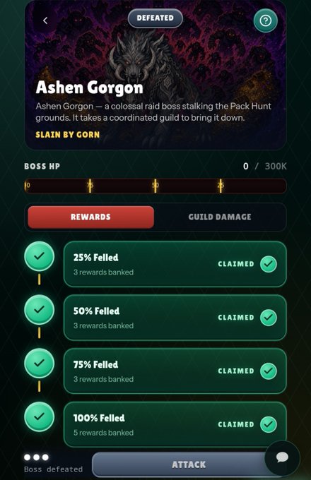 A mobile game interface displays a "DEFEATED" screen for the "Ashen Gorgon" raid boss, with Boss HP at 0/300K and all four Felled, Claimed. The accompanying post celebrates the Gold Knights guild's rapid victory over the Ashen Gorgon in *Wolf Age*.