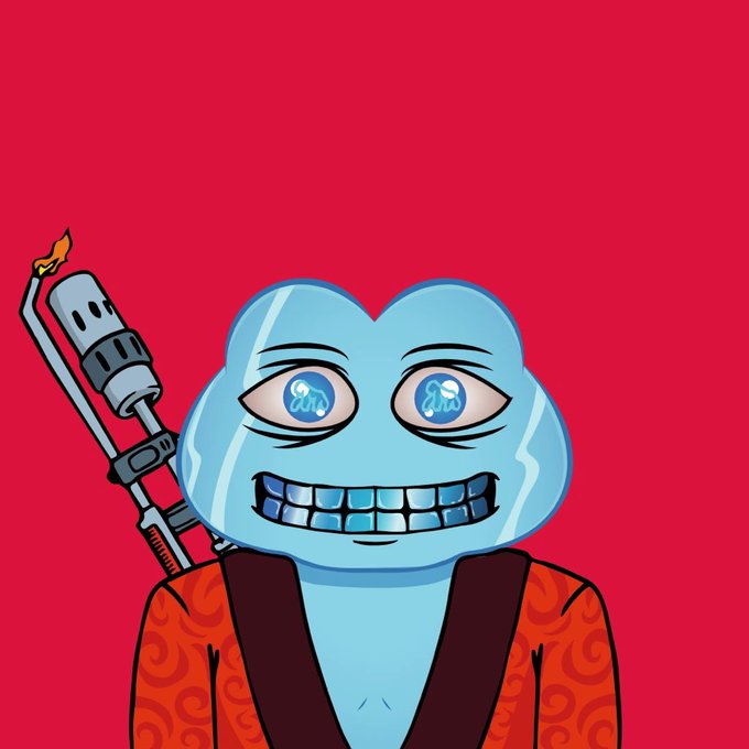 A digital illustration of a blue humanoid frog-like character with a wide smile wearing a red patterned robe and holding a lit lightsaber-style weapon against a red background.