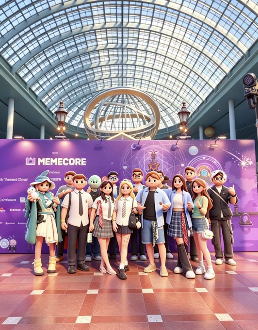 A group of animated characters poses at the "MEMECORE" event, set against a purple branded backdrop in a grand venue with a domed roof, tying into the post's celebration of MemeCore's major entertainment event in Korea.