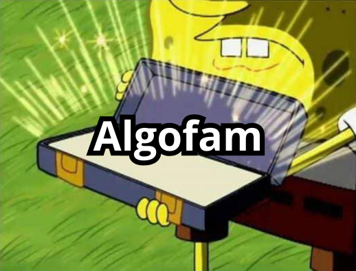 The image shows SpongeBob SquarePants excitedly holding open an empty briefcase with the text "Algofam" overlaid on it. The "IYKYK" caption plays on the meme's portrayal of Algorand fans ("Algofam") proudly showcasing an empty wallet, humorously suggesting their devotion to the blockchain comes at a financial cost.