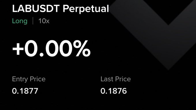 A trading interface displays a LABUSDT Perpetual long position with 10x leverage, showing a 0.00% change, an entry price of 0.1877, and a last price of 0.1876, visually confirming the loss on the $LAB trade mentioned in the post.