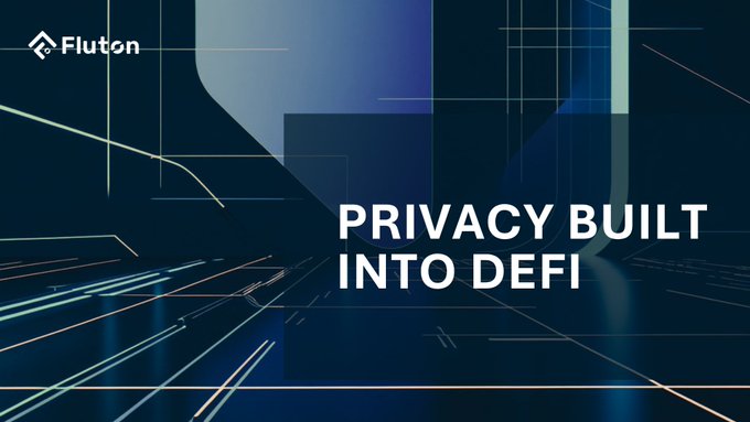 A promotional graphic for Fluton featuring the text 'PRIVACY BUILT INTO DEFI' set against a dark blue background with glowing geometric lines and abstract shapes.