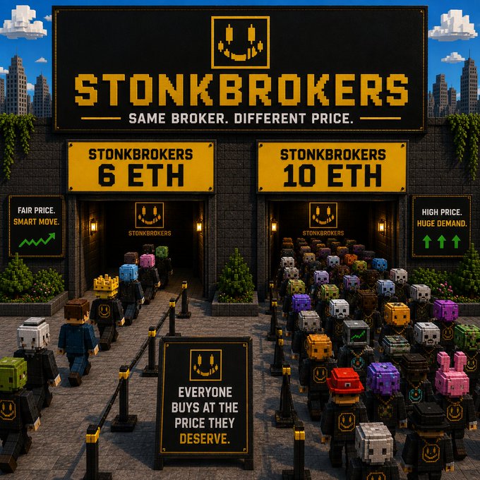 A pixel-art style image titled "STONKBROKERS - SAME BROKER. DIFFERENT PRICE." showing Minecraft-like characters lined up in two queues, one labeled "6 ETH" (Fair Price) and the other "10 ETH" (High Price).