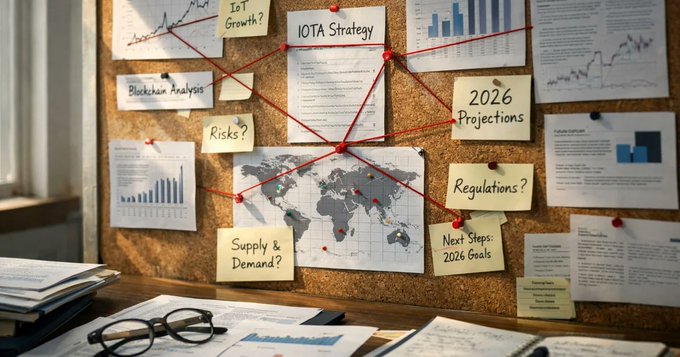 A corkboard displaying a strategic plan with notes about 'IOTA Strategy', 'IoT Growth?', 'Blockchain Analysis', '2026 Projections', 'Risks?', 'Regulations?', 'Supply & Demand?', and 'Next Steps: 2026 Goals' connected by red string, with papers, charts, and a world map pinned to it.