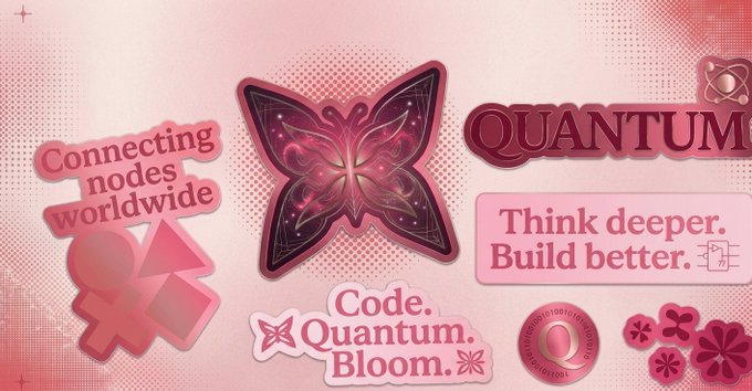 A pink-themed graphic collage with butterfly imagery and text including 'QUANTUM', 'Connecting nodes worldwide', 'Think deeper. Build better.', and 'Code. Quantum. Bloom.'