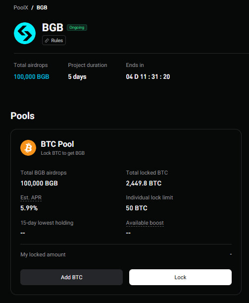 A dark-themed crypto dashboard for 'BGB' showing a BTC Pool with 100,000 BGB total airdrops, 2,449.8 BTC total locked, an estimated APR of 5.99%, and a 5-day project duration ending in 4 days, 11 hours, 31 minutes.