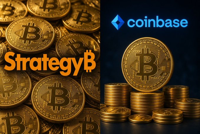 Side-by-side comparison image with golden Bitcoin coins, featuring the 'Strategy' logo (formerly MicroStrategy) on the left and the Coinbase logo on the right.