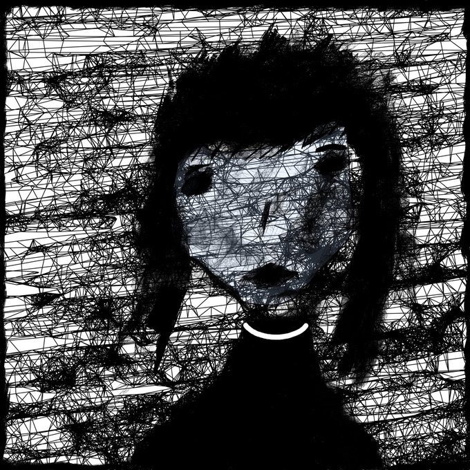 A dark, stylized illustration of a girl with long black hair and large eyes, with a crescent moon shape on her neck, surrounded by chaotic black scribbles.