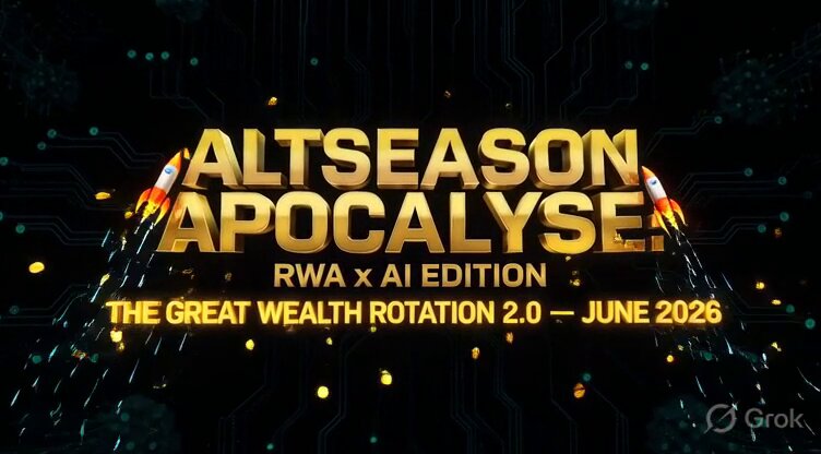 The image features a poster for "ALTSEASON APOCALYPSE: RWA x AI EDITION" with two rockets flying through the air above the title, creating an exciting and futuristic atmosphere. The poster also includes text that reads "THE GREAT WEALTH ROTATION 2.0 UNLOCKED 10x-50x+ HIGH-CONVICTION TITANS • $TAO - Decentralized AI intelligence powering the agent economy - TradFi moving onchain at scale - Oracle". This suggests that the poster is promoting a new cryptocurrency or token, possibly related to the "ALTSEASON APOCALYPSE" concept.