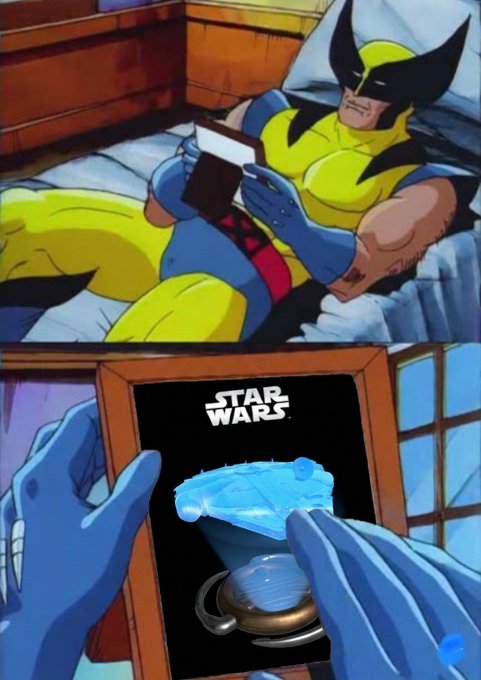 A two-panel meme showing Wolverine from the X-Men animated series reading a book, which is then revealed to be a Star Wars novel featuring the Millennium Falcon on its cover.