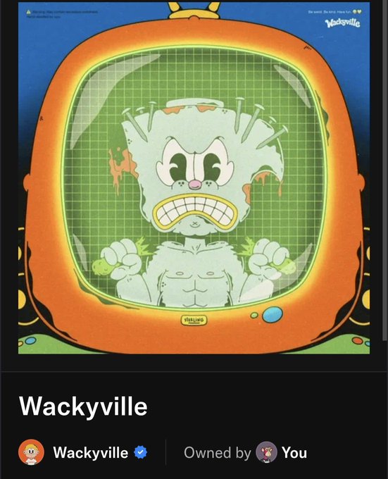 A wacky cartoon character with a manic grin and Frankenstein-like bolts on his head appears on an old-fashioned TV screen, displayed as an NFT titled "Wackyville" owned by the user, who minted this nostalgic piece of artwork by @uyo66_ from the @wacky_ville collection.