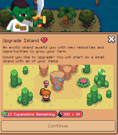 A screenshot from the game FarmVille showing a pop-up titled 'Upgrade Island', which offers to move the player to an exotic island for '1200 x Oil' with '13 Expansions Remaining'.