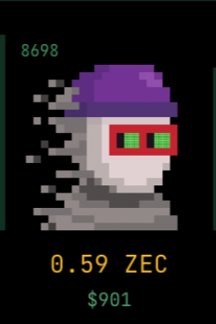 A pixel art image of a glitched figure with a purple hat and red visor, labeled '8698', '0.59 ZEC', and '$901' on a dark background.