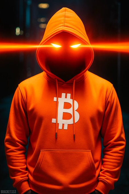 A digital illustration of a mysterious figure wearing an orange hoodie with a Bitcoin logo, glowing orange eyes, and a red laser beam across their face, signed 'BRACKET333'.