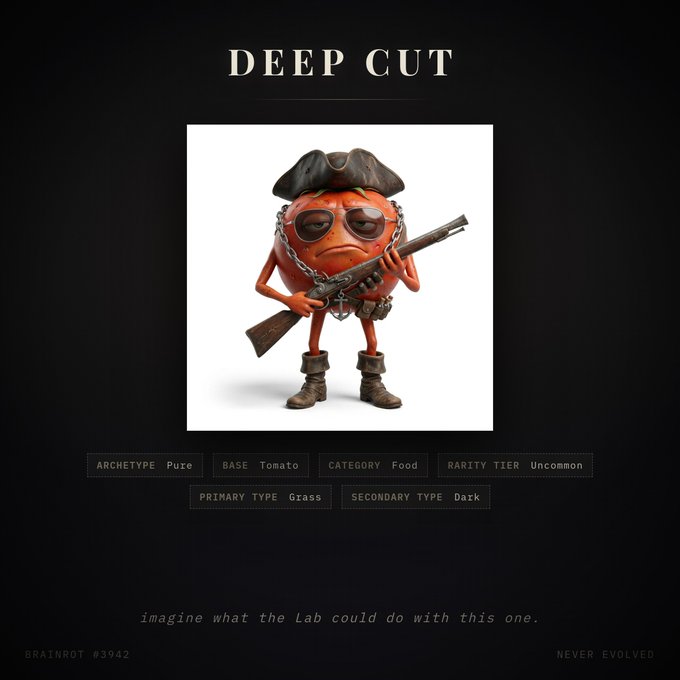 Digital collectible card titled 'DEEP CUT' featuring a 3D-rendered tomato character dressed as a pirate with a hat, eye patch, and rifle, labeled as Brainrot #3942 with archetype 'Pure' and category 'Food'.