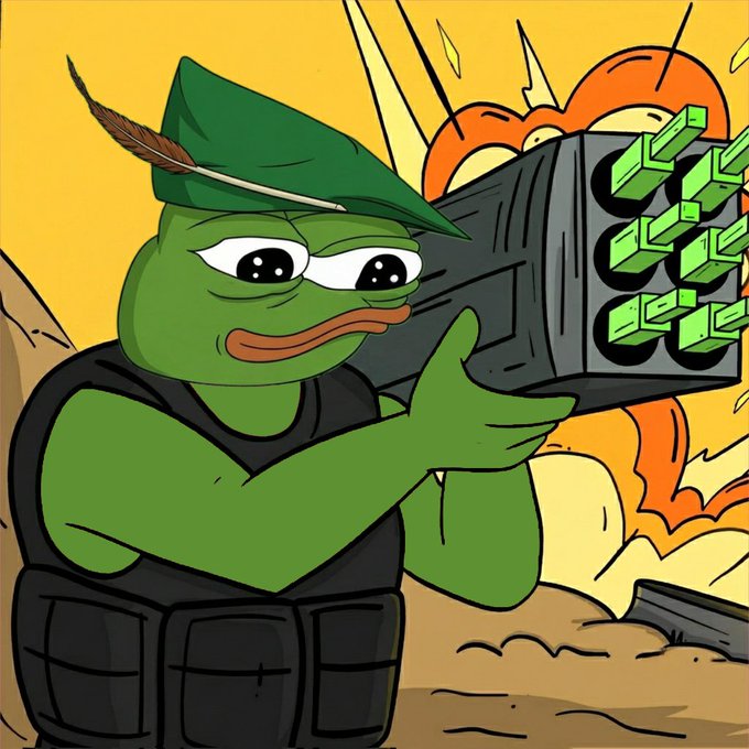 A cartoon Pepe the Frog wearing a green military-style hat with a feather fires a multi-barreled weapon that shoots stacks of cash instead of bullets, set against an orange explosive background.