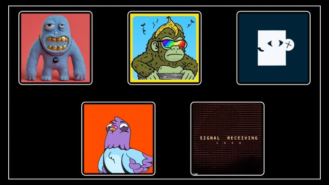 A collage of five cartoon-style images including a blue monster with gold teeth, a gorilla with a banana peel haircut and rainbow sunglasses, a white face with an X for one eye, a purple and blue bird, and a black square displaying "SIGNAL RECEIVING."