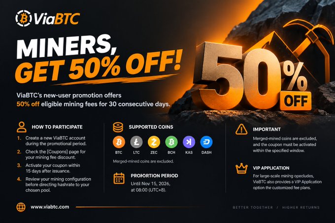 A promotional advertisement for ViaBTC announcing 'MINERS, GET 50% OFF!' on new-user mining fees for 30 consecutive days, listing supported coins (BTC, LTC, ZEC, BCH, KAS, DASH) with promotion running from Nov 15 to Dec 8, 2026.